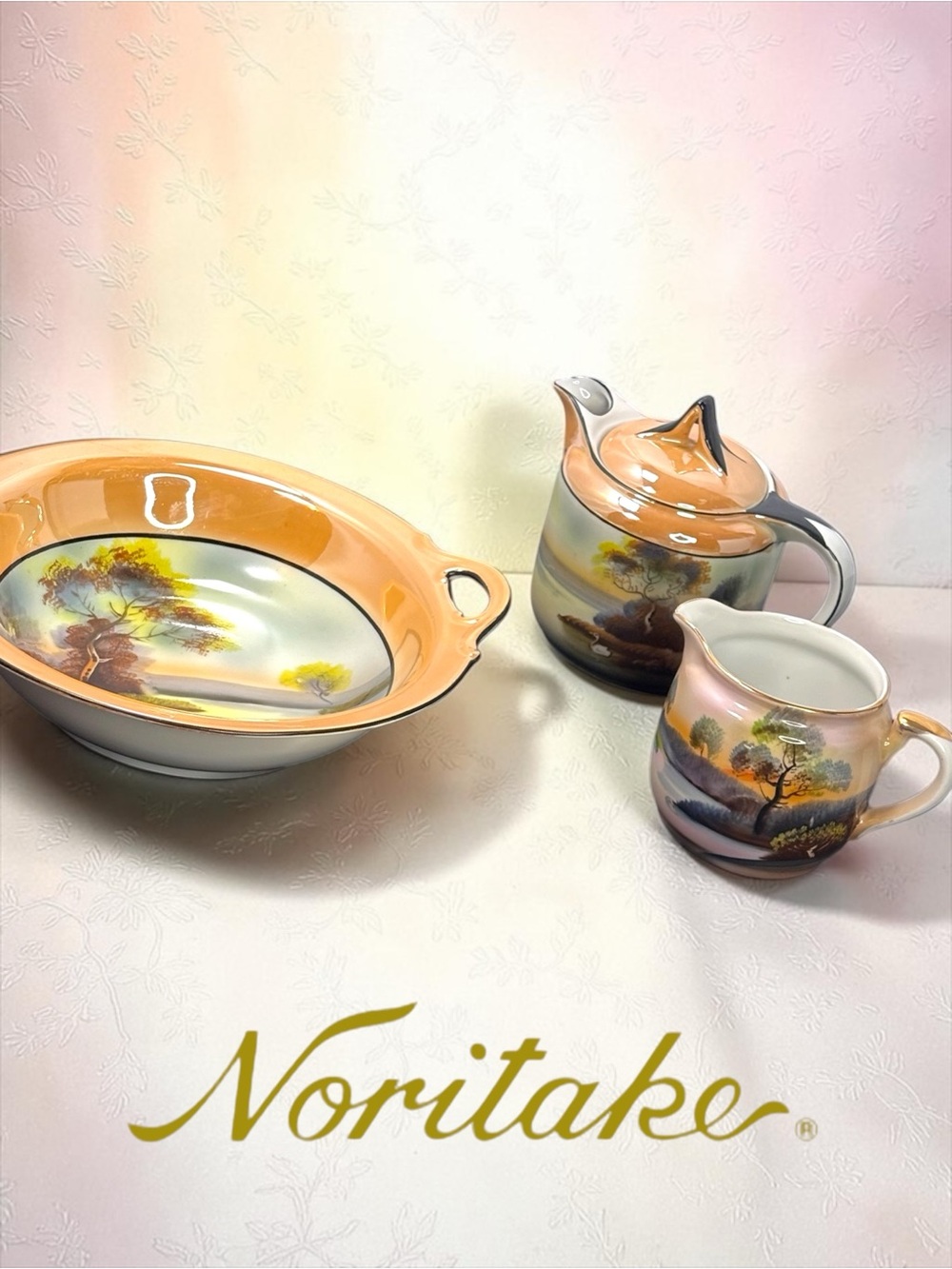 Antique NORITAKE Hand Painted Lake Bowl & Creamer Sugar Set – Lusterware Japan